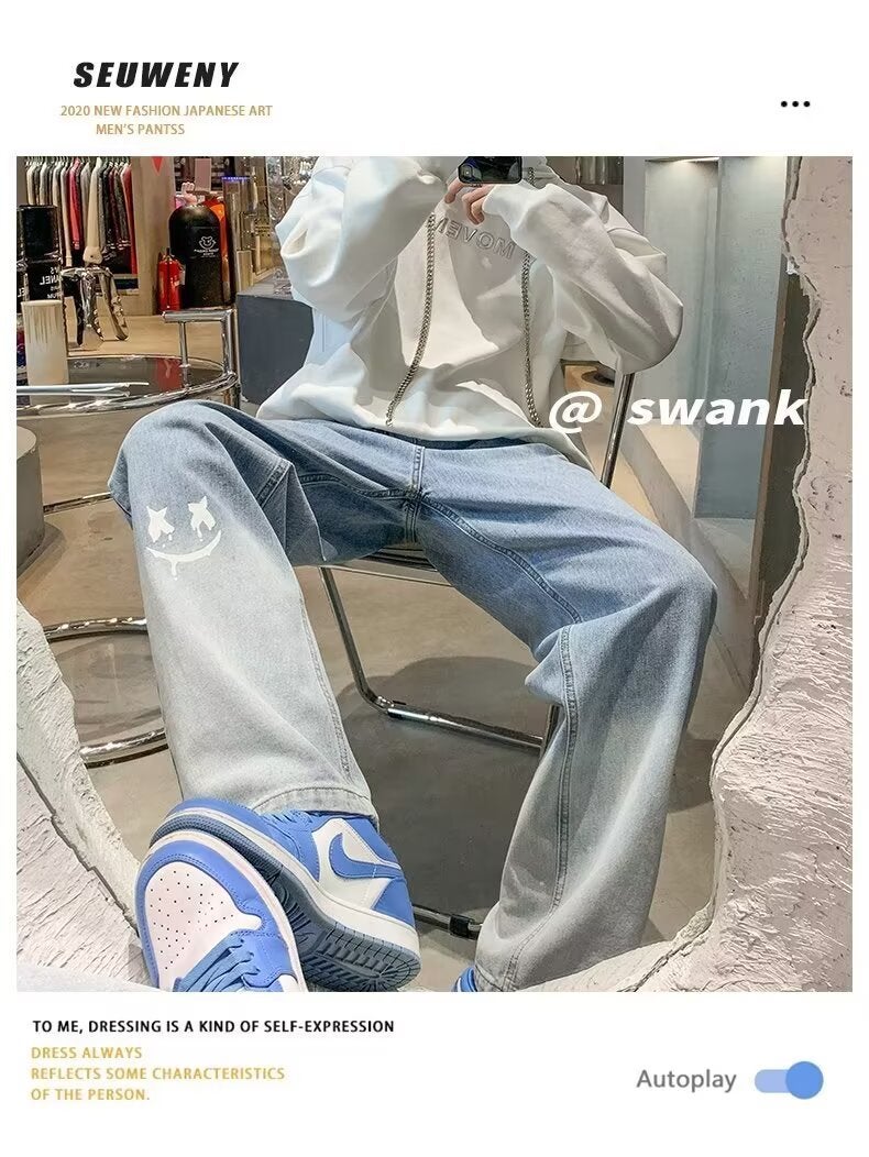 Men'S New Straight Tube Gradient Wash Jeans Loose Light Blue Black Jeans Printed Fashionable Street - Image 5